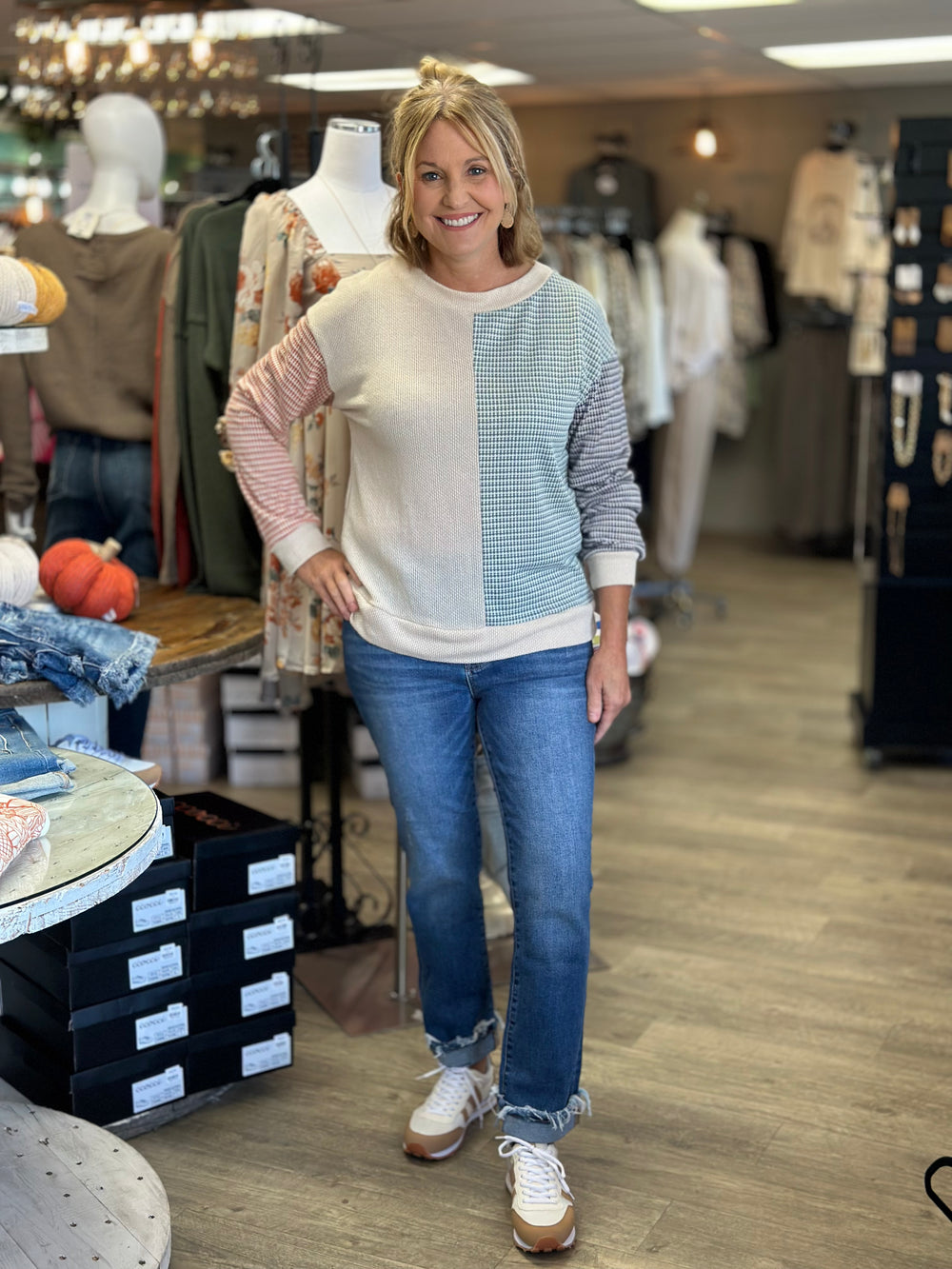 Two Tone Color Block Sweater With Bubble Long Sleeve-Long Sleeves-Haptics-Evergreen Boutique, Women’s Fashion Boutique in Santa Claus, Indiana