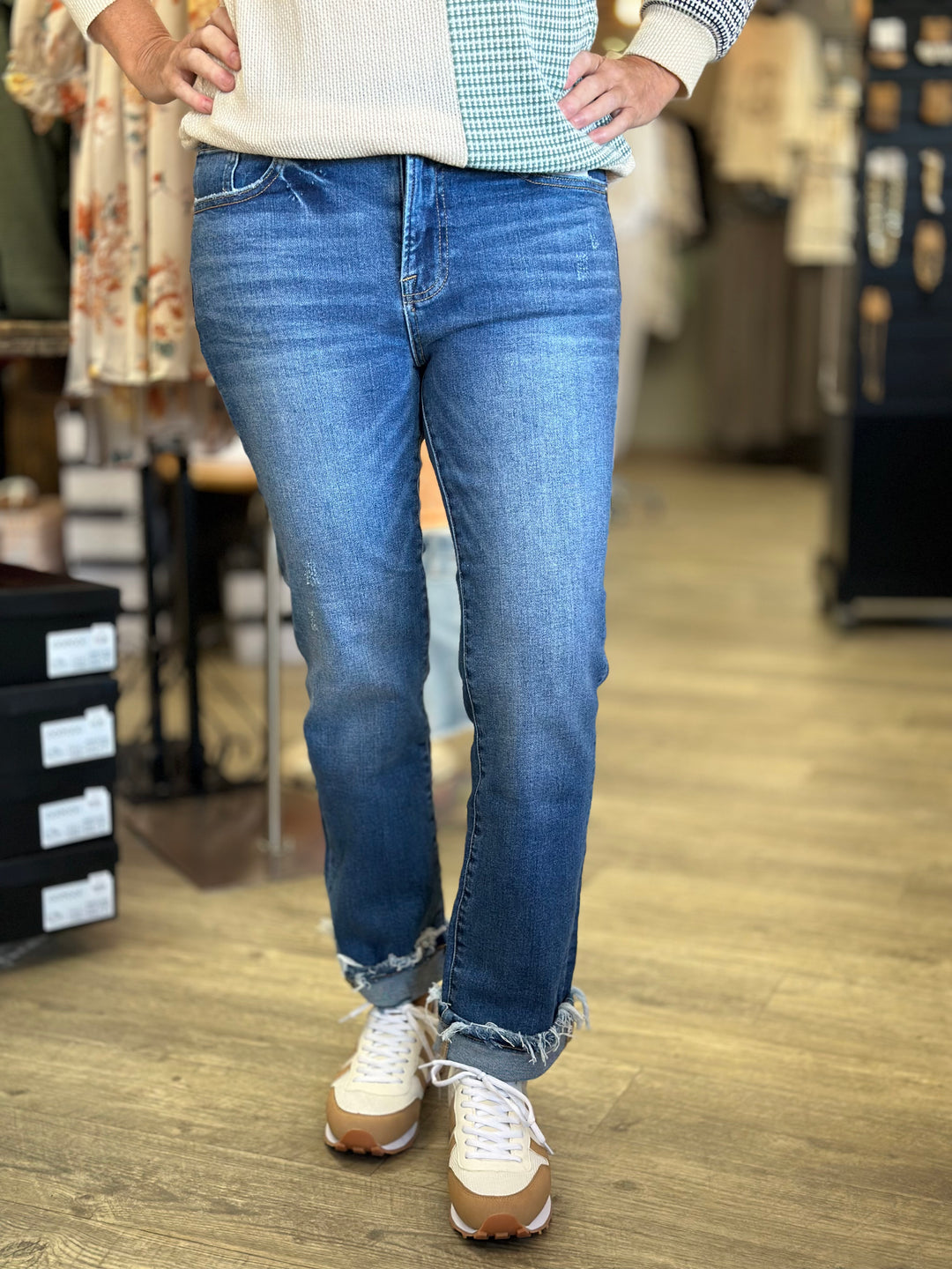 Risen Mid-Rise Cuffed Straight Jeans-Jeans-Risen-Evergreen Boutique, Women’s Fashion Boutique in Santa Claus, Indiana