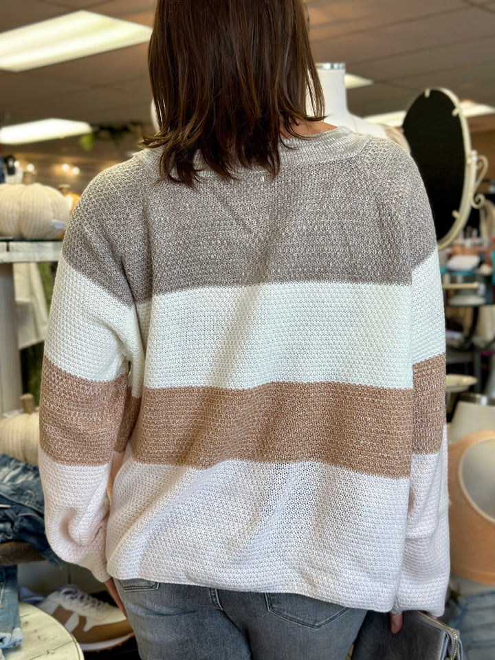 Multi Color Stripe Pull Over Sweater With Buttoned Placket-Sweaters-Bibi-Evergreen Boutique, Women’s Fashion Boutique in Santa Claus, Indiana