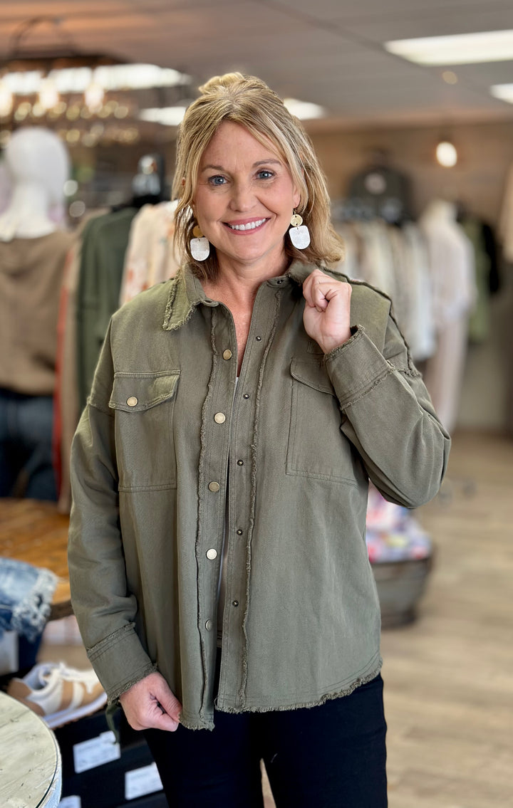 Anneli Jacket With Raw Edge Detail And Snap Up Front-Jackets-La Miel-Evergreen Boutique, Women’s Fashion Boutique in Santa Claus, Indiana