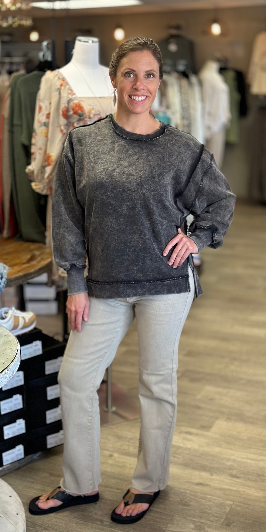 Acid Wash French Terry Exposed Seam Sweatshirt-Sweatshirts-Zenana-Evergreen Boutique, Women’s Fashion Boutique in Santa Claus, Indiana