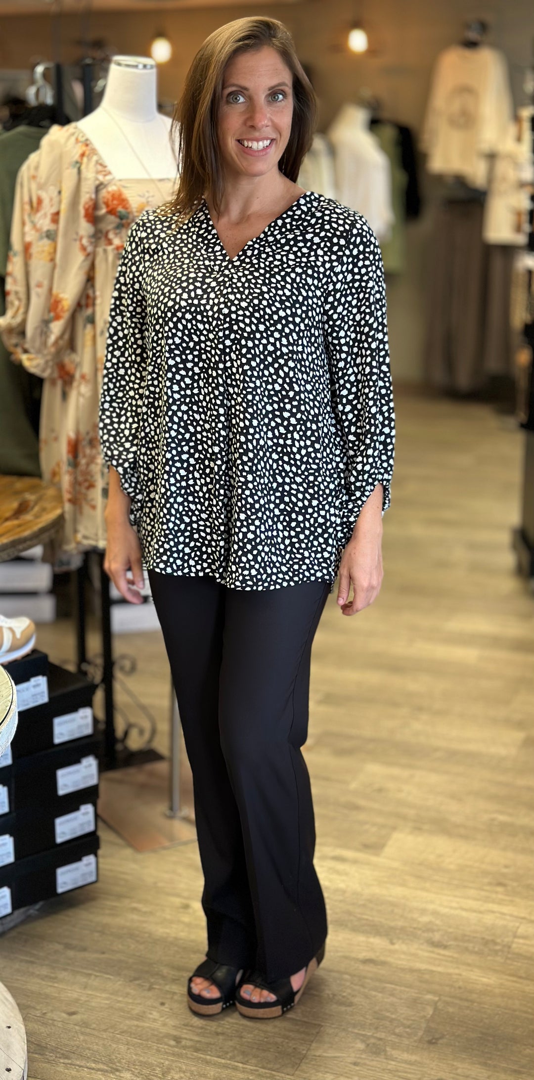 Leopard High Low Three Quarter Sleeve Top-Long Sleeves-Haptics-Evergreen Boutique, Women’s Fashion Boutique in Santa Claus, Indiana