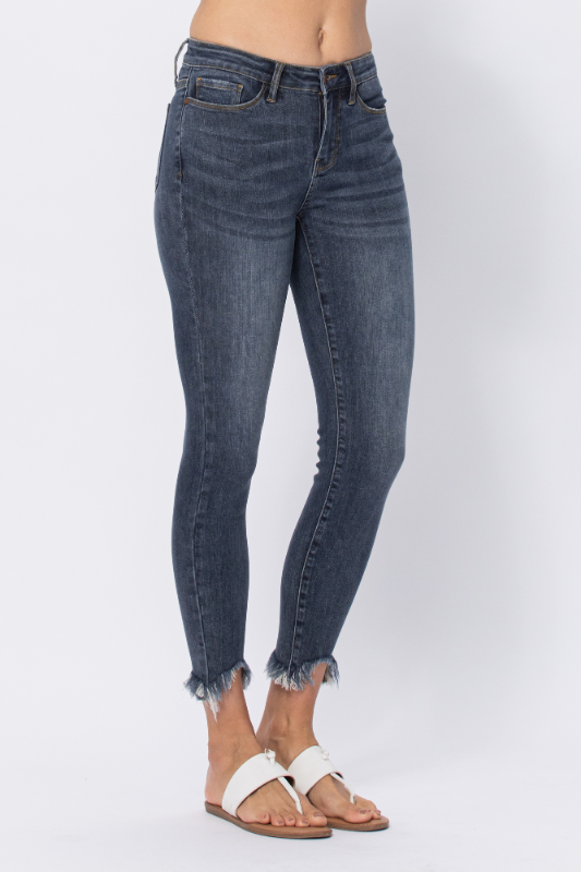 Judy Blue Mid-Rise Shark Bite Hem Skinny-Jeans-Judy Blue-Evergreen Boutique, Women’s Fashion Boutique in Santa Claus, Indiana