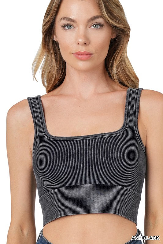Washed Ribbed Square Neck Cropped Tank Top-Tank Tops-Zenana-Evergreen Boutique, Women’s Fashion Boutique in Santa Claus, Indiana