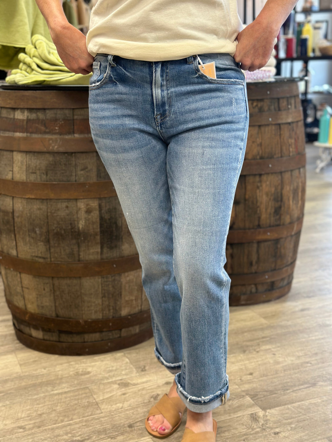 Risen Mid Rise Cuffed Straight Leg Jeans – Evergreen Boutique