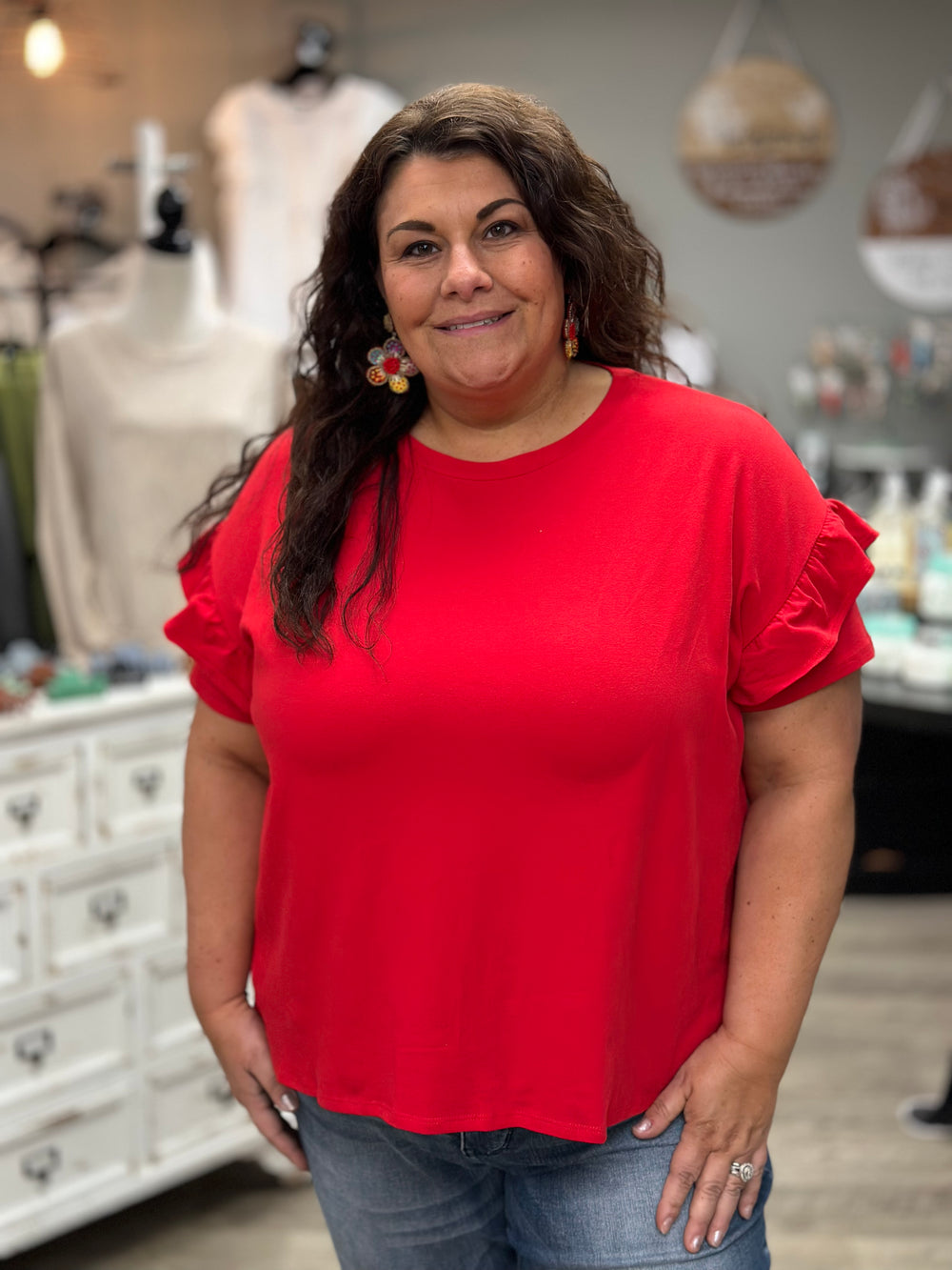 Ruffle Sleeve Top-Plus-Chris and Carol-Evergreen Boutique, Women’s Fashion Boutique in Santa Claus, Indiana