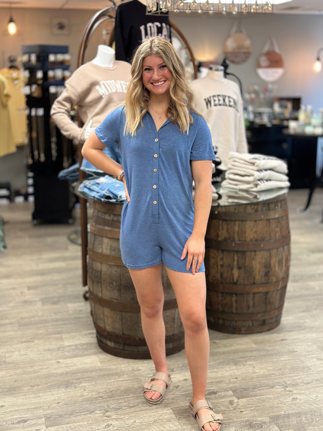 V Neck Short Sleeve Button Solid Romper-Rompers & Jumpsuits-Supreme Fashion-Evergreen Boutique, Women’s Fashion Boutique in Santa Claus, Indiana