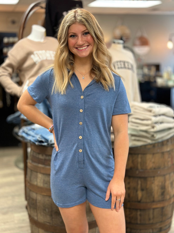 V Neck Short Sleeve Button Solid Romper-Rompers & Jumpsuits-Supreme Fashion-Evergreen Boutique, Women’s Fashion Boutique in Santa Claus, Indiana
