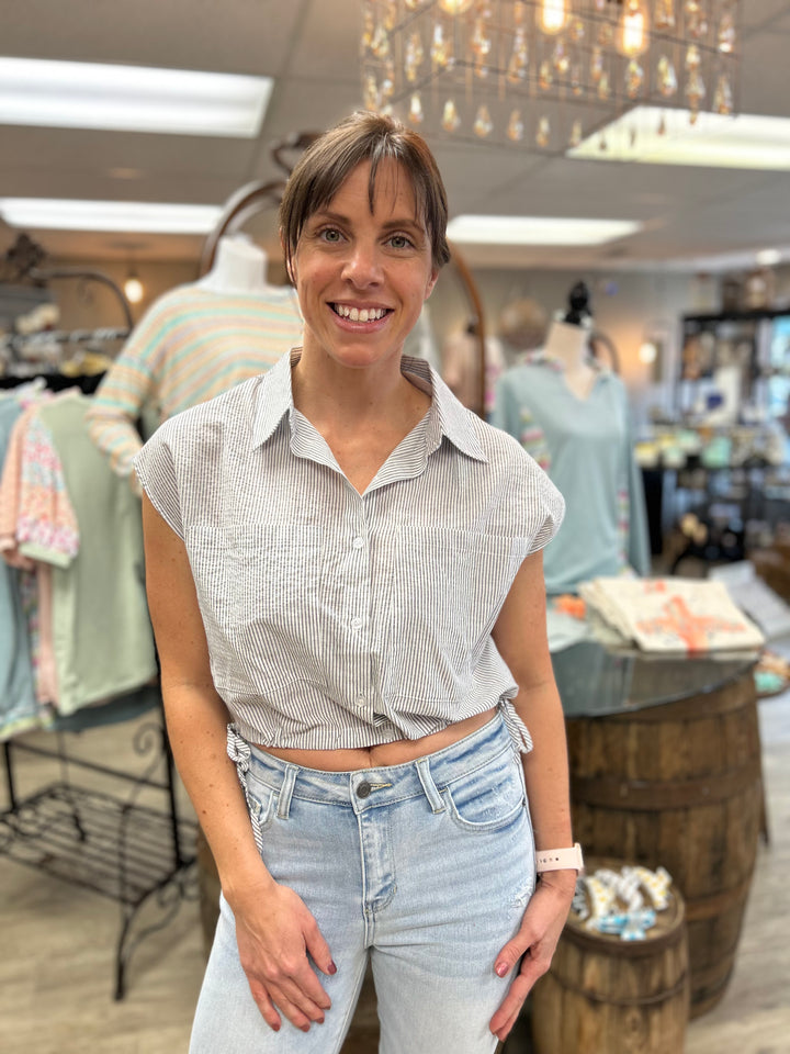 Stripe Button Down Cropped Top With Cap Sleeve-Tank Tops-GiGio-Evergreen Boutique, Women’s Fashion Boutique in Santa Claus, Indiana