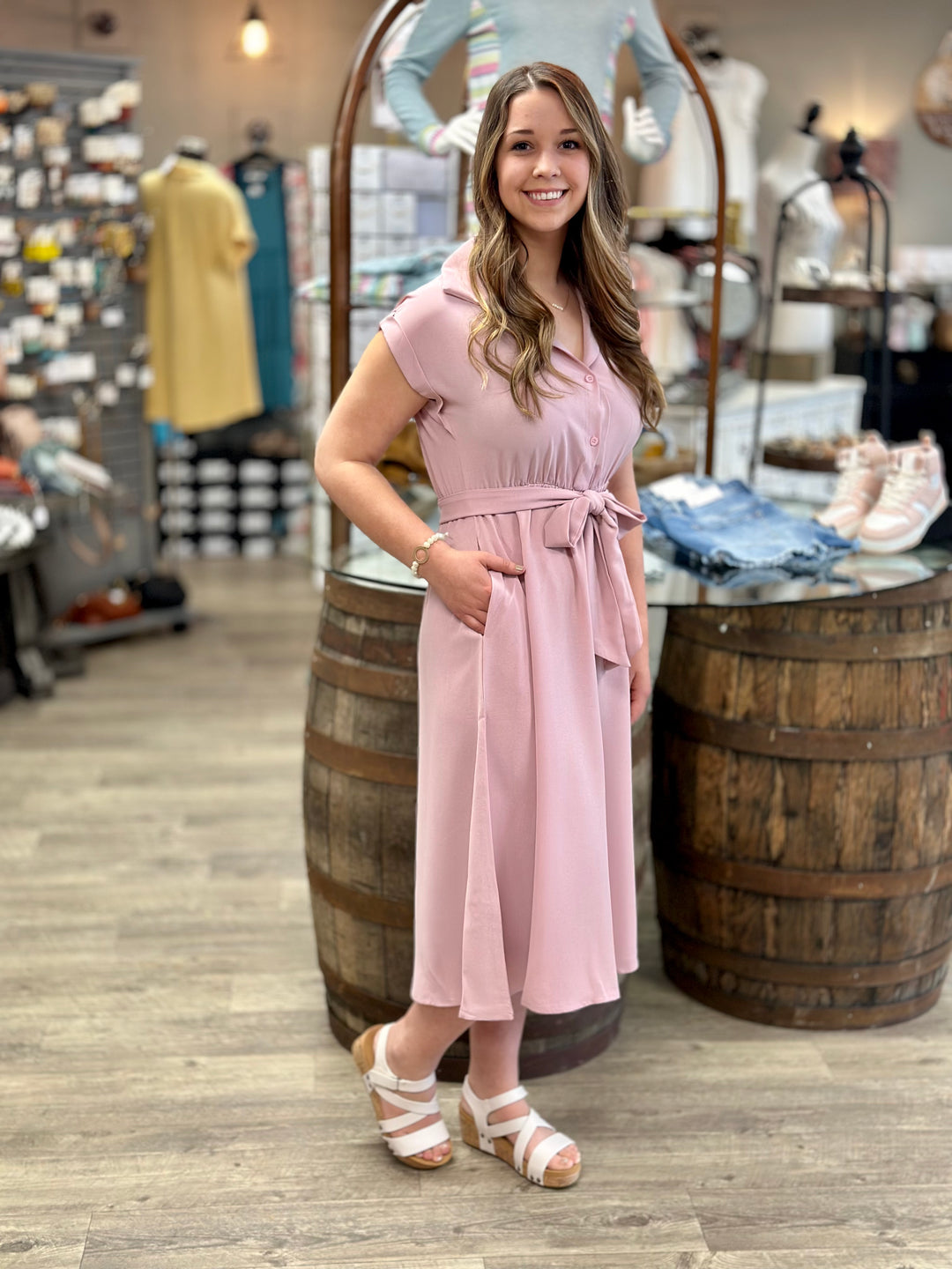 Button Up Wide Sleeve Belted Solid Fitted Dress-Dresses-Supreme Fashion-Evergreen Boutique, Women’s Fashion Boutique in Santa Claus, Indiana