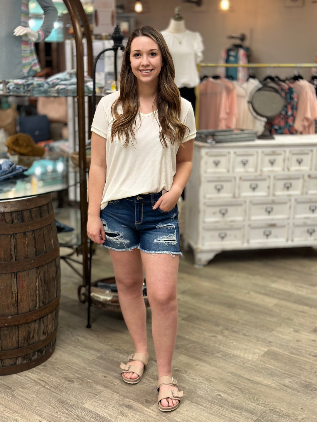 Judy Blue Mid-Rise Patch Cut Off Denim Shorts-Shorts-Judy Blue-Evergreen Boutique, Women’s Fashion Boutique in Santa Claus, Indiana