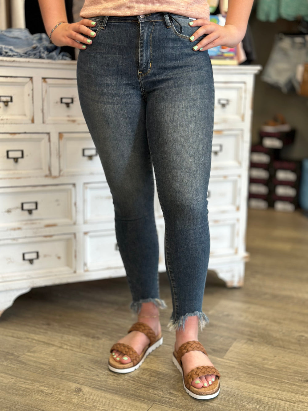 Judy Blue So Timeless Mid Rise Shark Bite Skinny Jeans-Jeans-Judy Blue-Evergreen Boutique, Women’s Fashion Boutique in Santa Claus, Indiana
